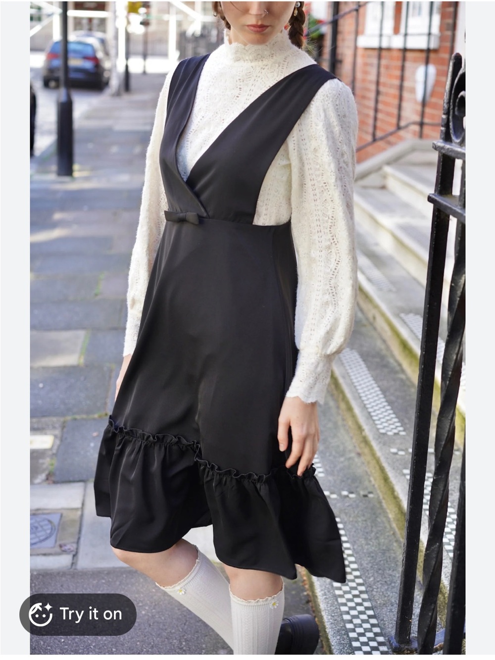 Miss Patina London EUC Dress Black Pinafore XS Retro Mod Jumper Bow Ruffle Hem